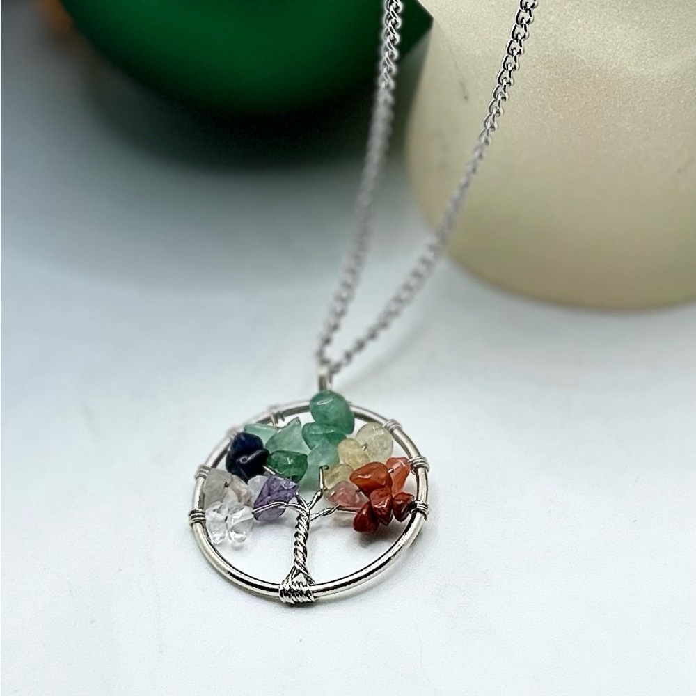 Chakra Tree of Life Semiprecious Pendant Necklace with Stainless Steel Chain